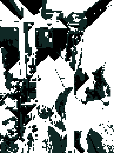 A heavily altered photo that has been turned into a low resolution, indexed color image where the light pixels have fallen like sand, then the CSS gradient underneath turns them into a sort of RGB grid. The original picture contains a cat, but I don't expect people to see it.